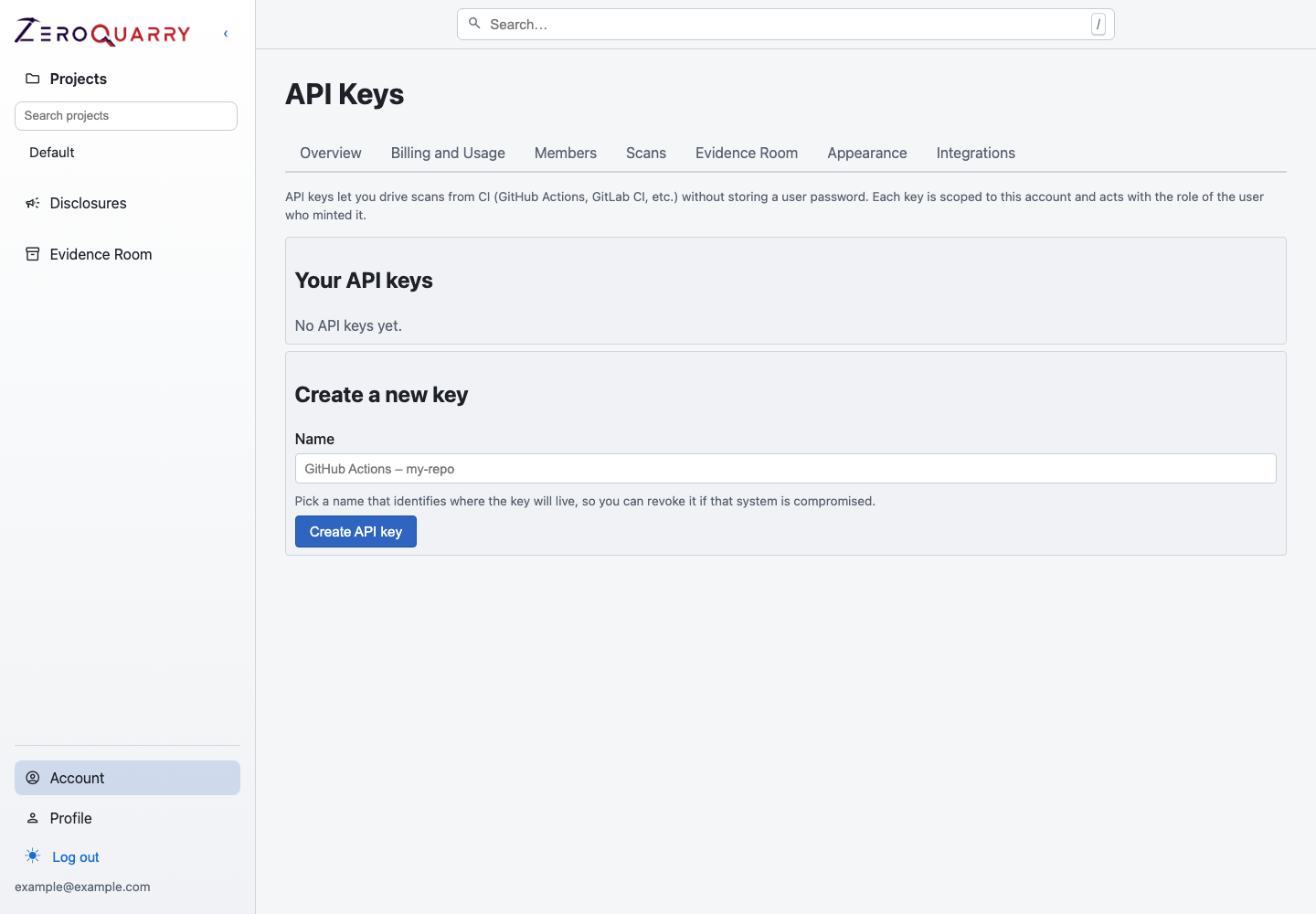ZeroQuarry account API keys page for automation credentials.
