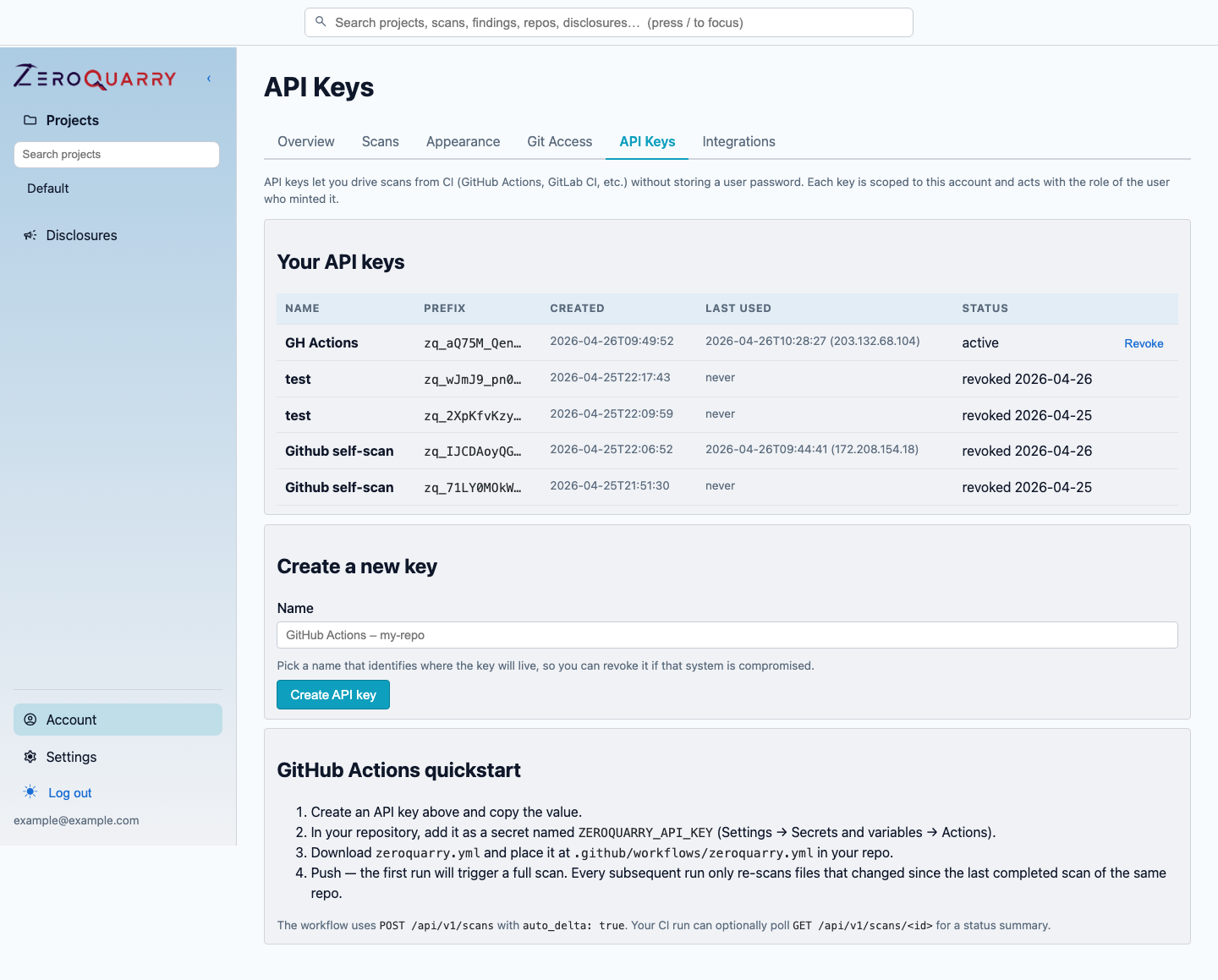 ZeroQuarry account API keys page for creating CI credentials.