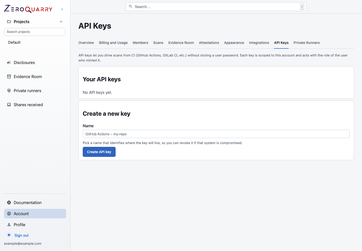 ZeroQuarry account API keys page for creating CI credentials.