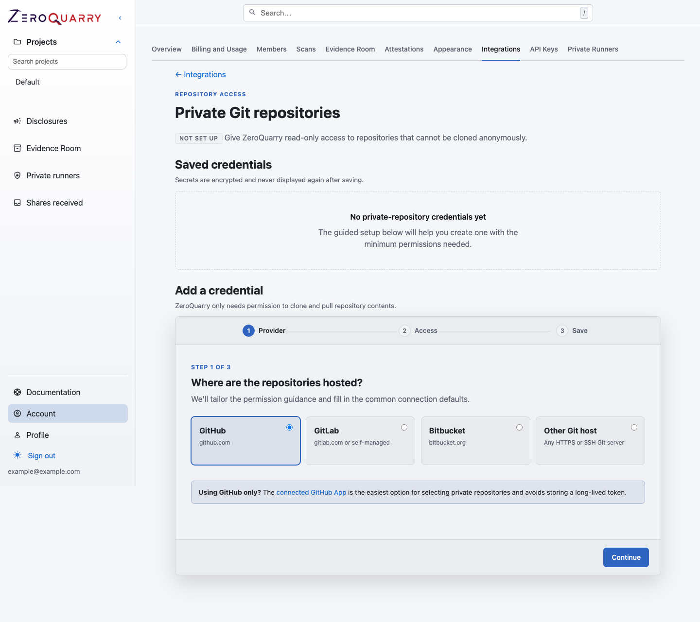 ZeroQuarry account Git access page for managing private repository credentials.
