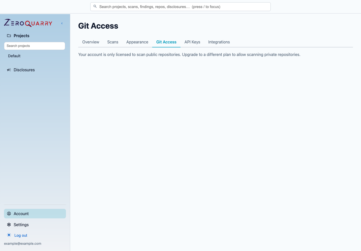 ZeroQuarry account Git access page for managing private repository credentials.