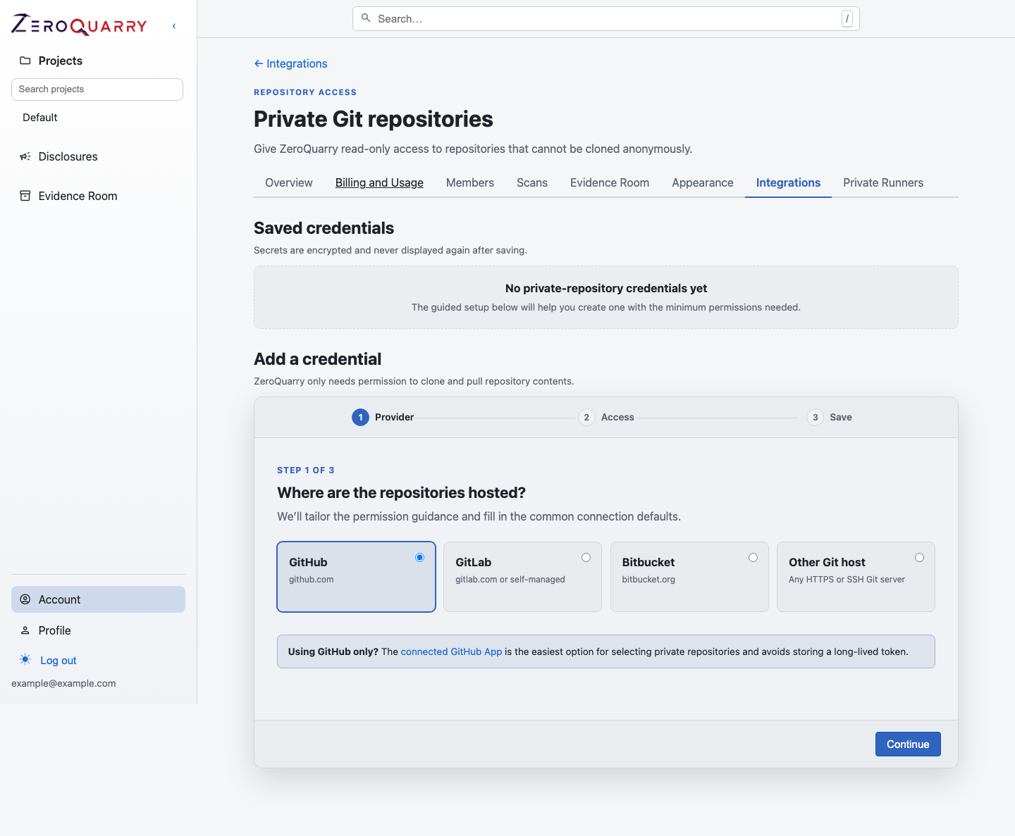 ZeroQuarry account Git access page for managing private repository credentials.