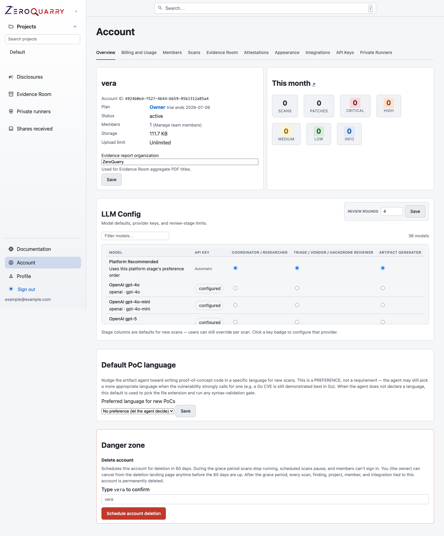 ZeroQuarry account LLM configuration with per-stage model columns.