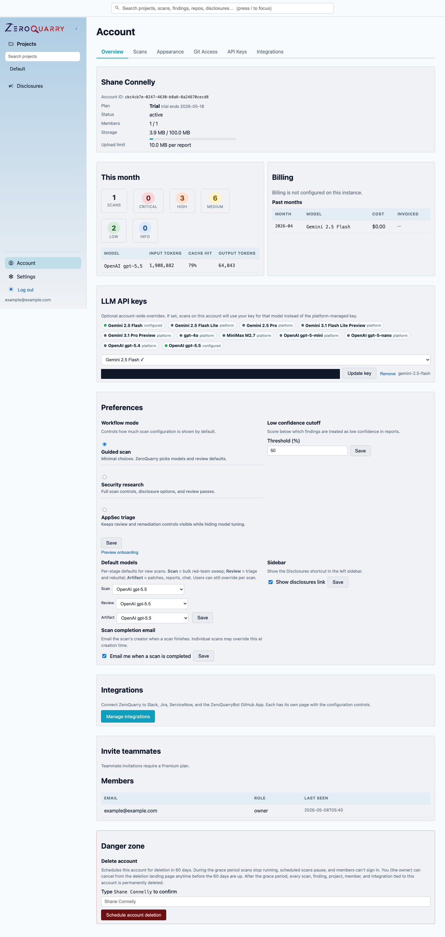 ZeroQuarry account overview showing where workspace-wide LLM configuration lives.
