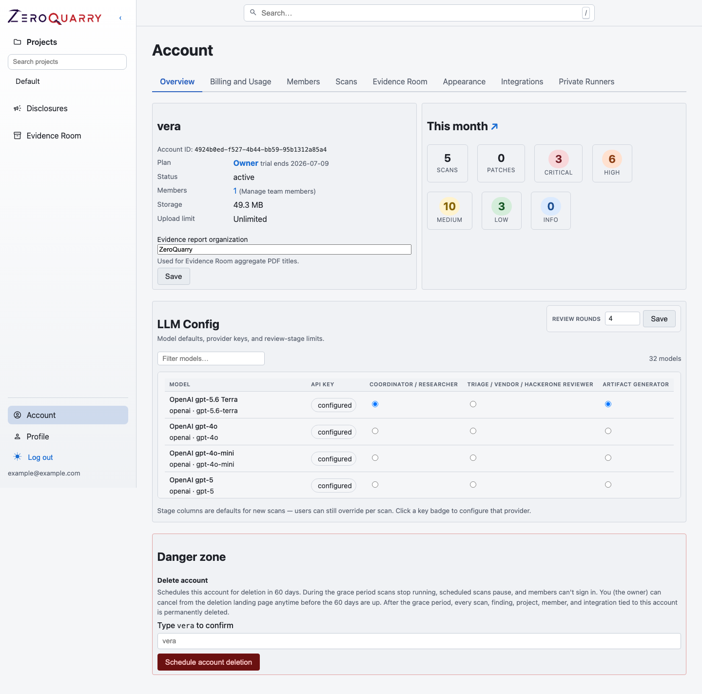 ZeroQuarry account overview showing where workspace-wide LLM configuration lives.