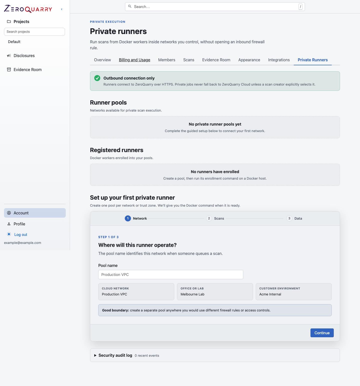 ZeroQuarry private runner pools with guided network, scan-mode, and data controls.