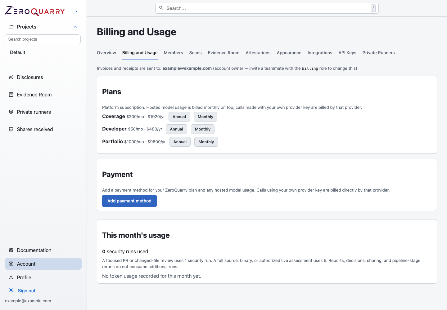 ZeroQuarry Billing and Usage page with plans, payment method, and current usage.