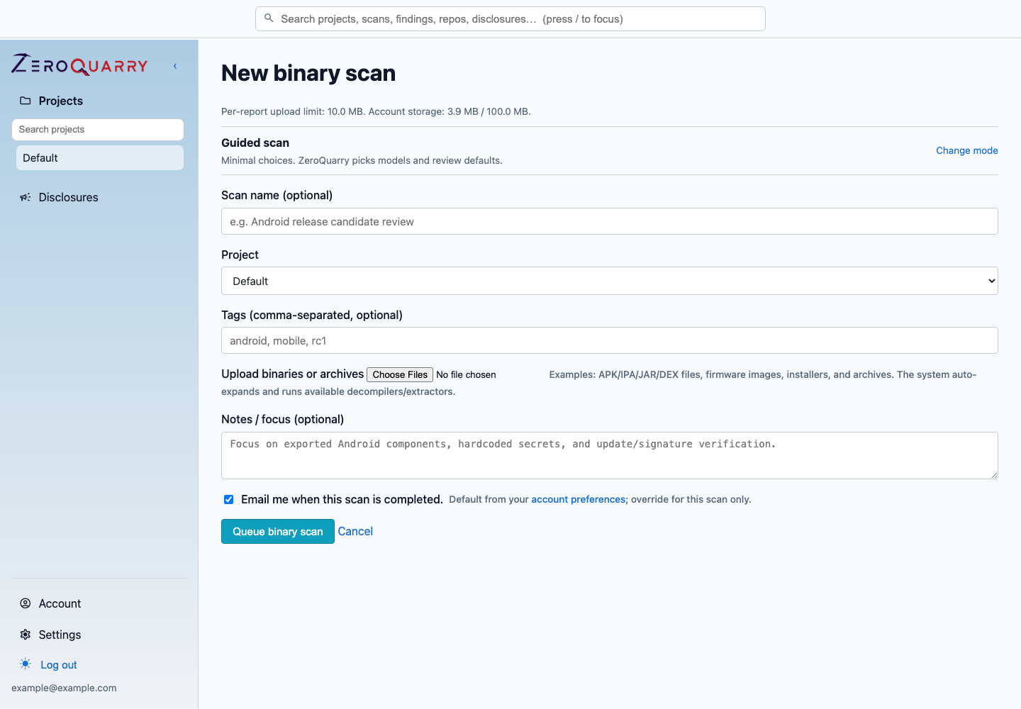ZeroQuarry binary scan form for uploading release artifacts.