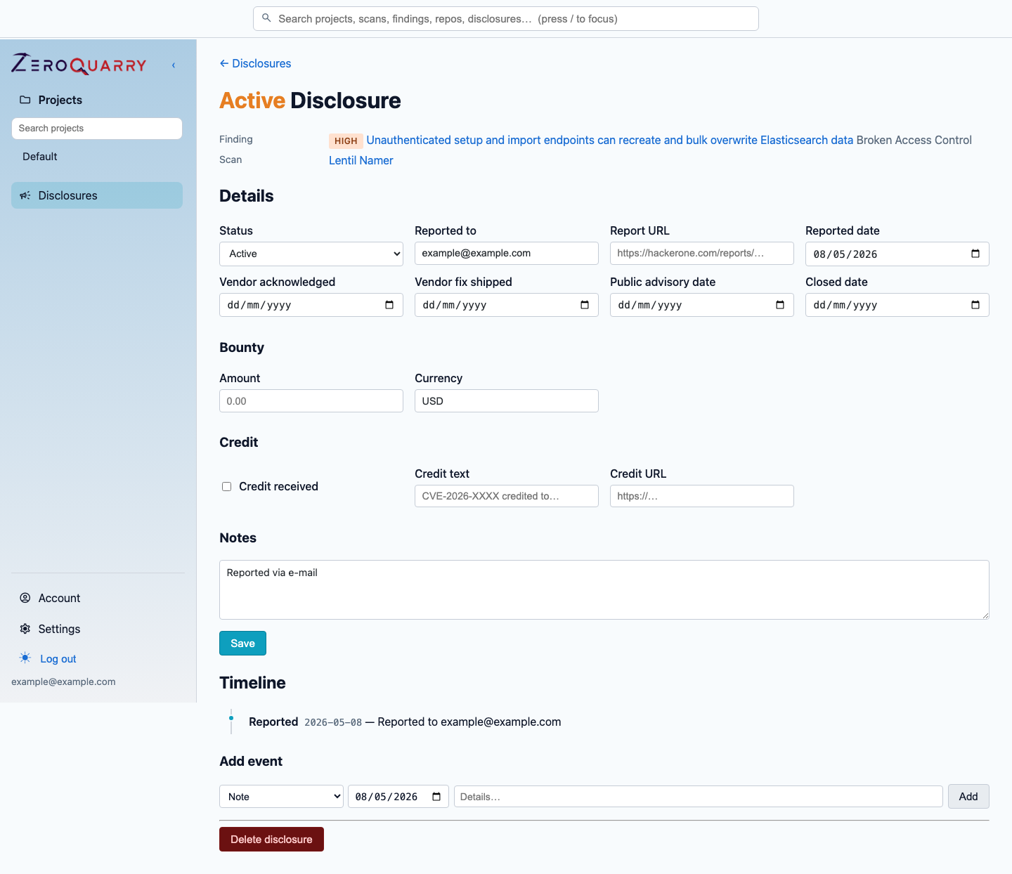 ZeroQuarry disclosure detail page with reporting metadata and timeline events.
