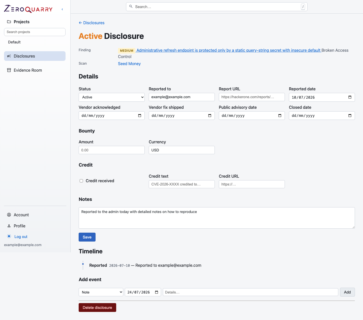 ZeroQuarry disclosure detail page with reporting metadata and timeline events.