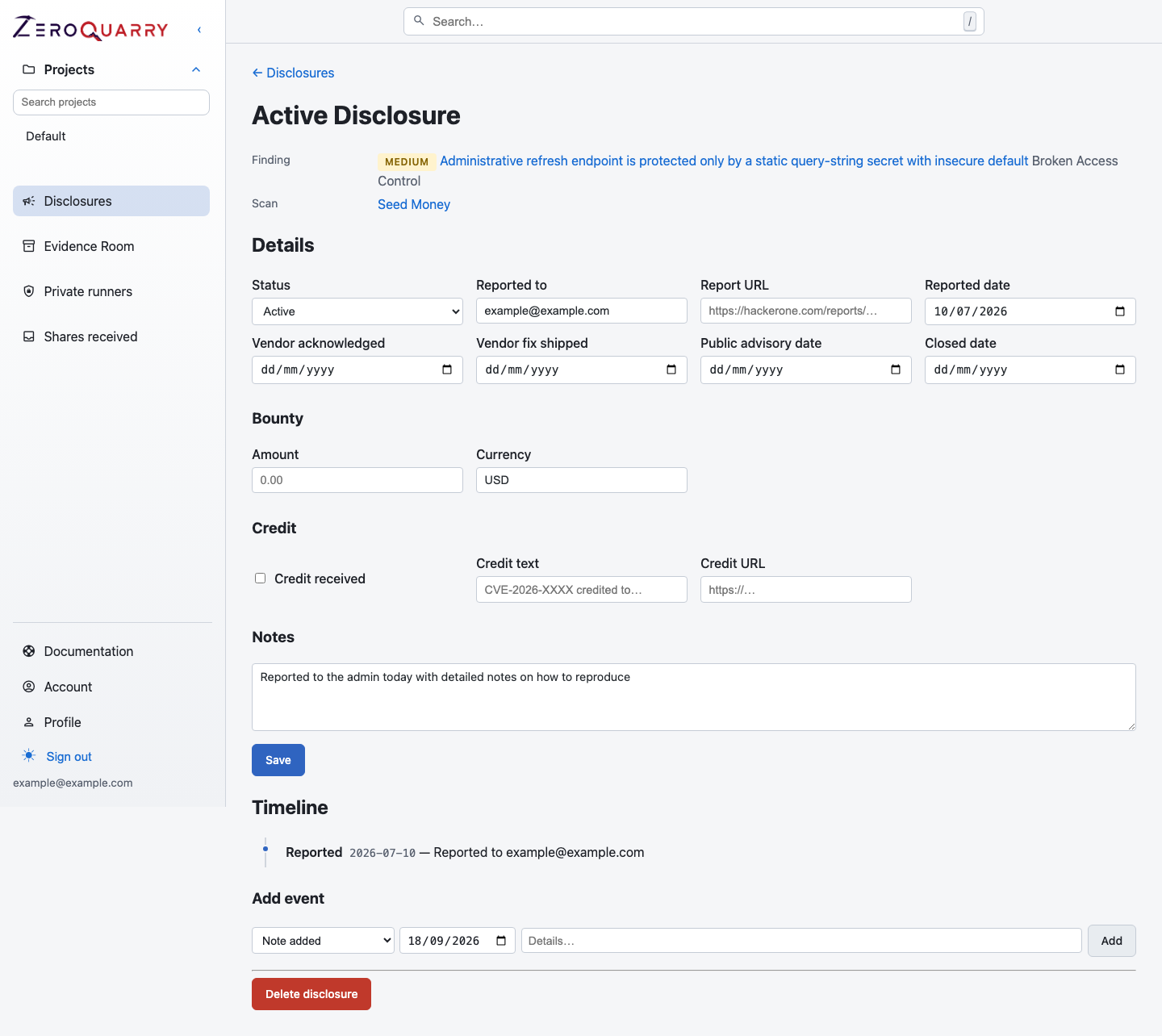 ZeroQuarry disclosure detail page with reporting metadata and timeline events.