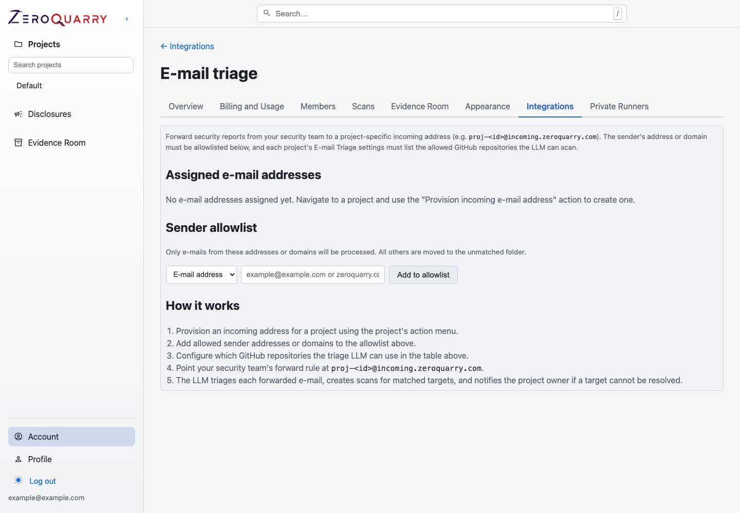 ZeroQuarry email triage integration with assigned addresses, sender allowlist, and operating steps.