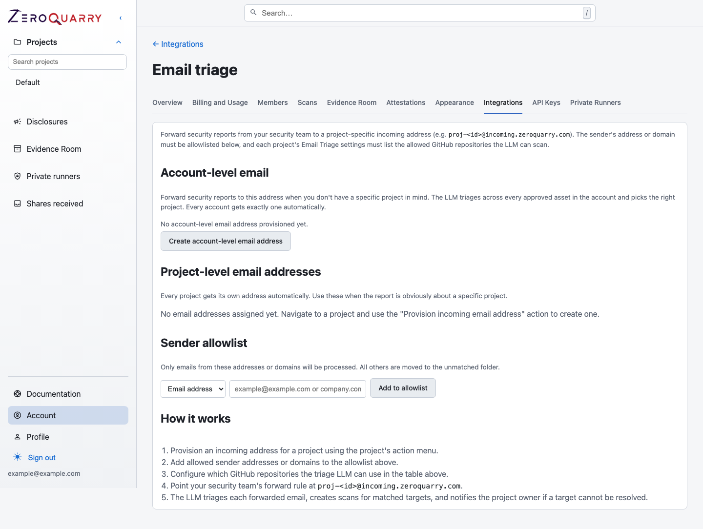 ZeroQuarry email triage integration page with the address sections, sender allowlist, and setup steps.