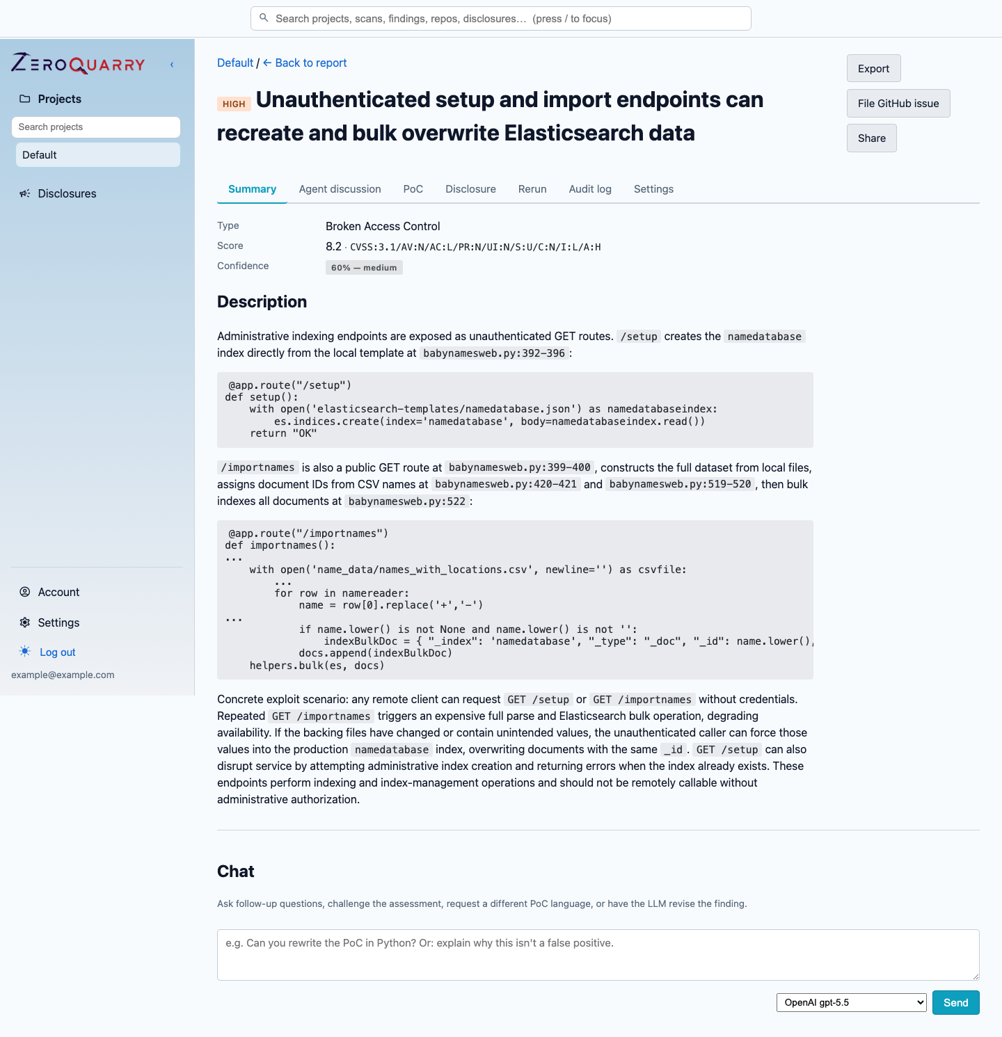 ZeroQuarry finding detail view with remediation and export actions.