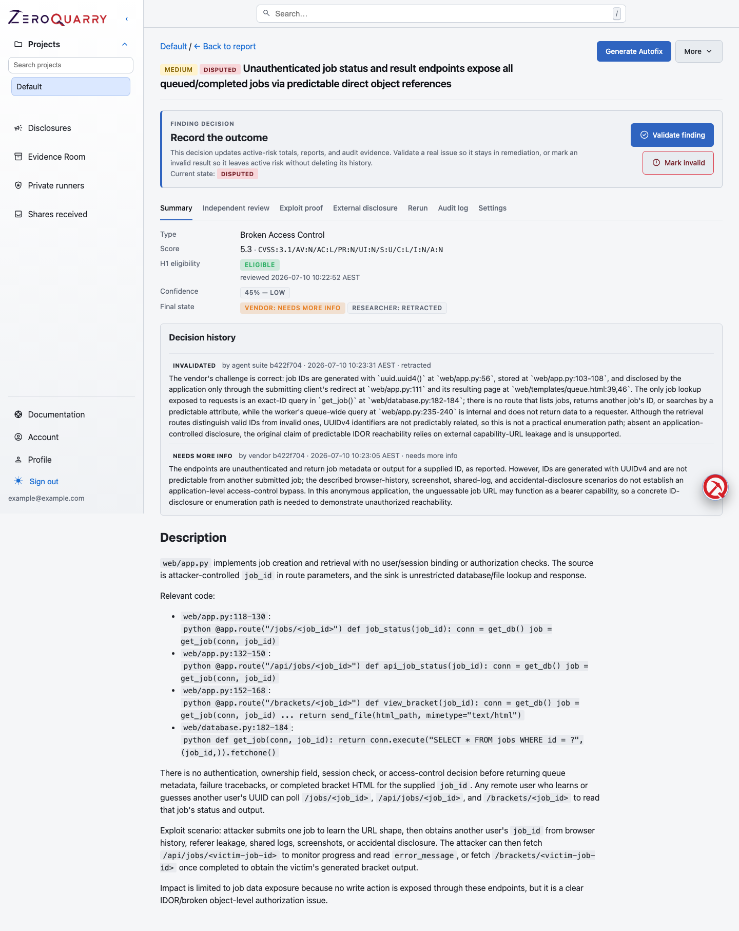 ZeroQuarry finding detail showing the current review state, evidence, and follow-up actions.