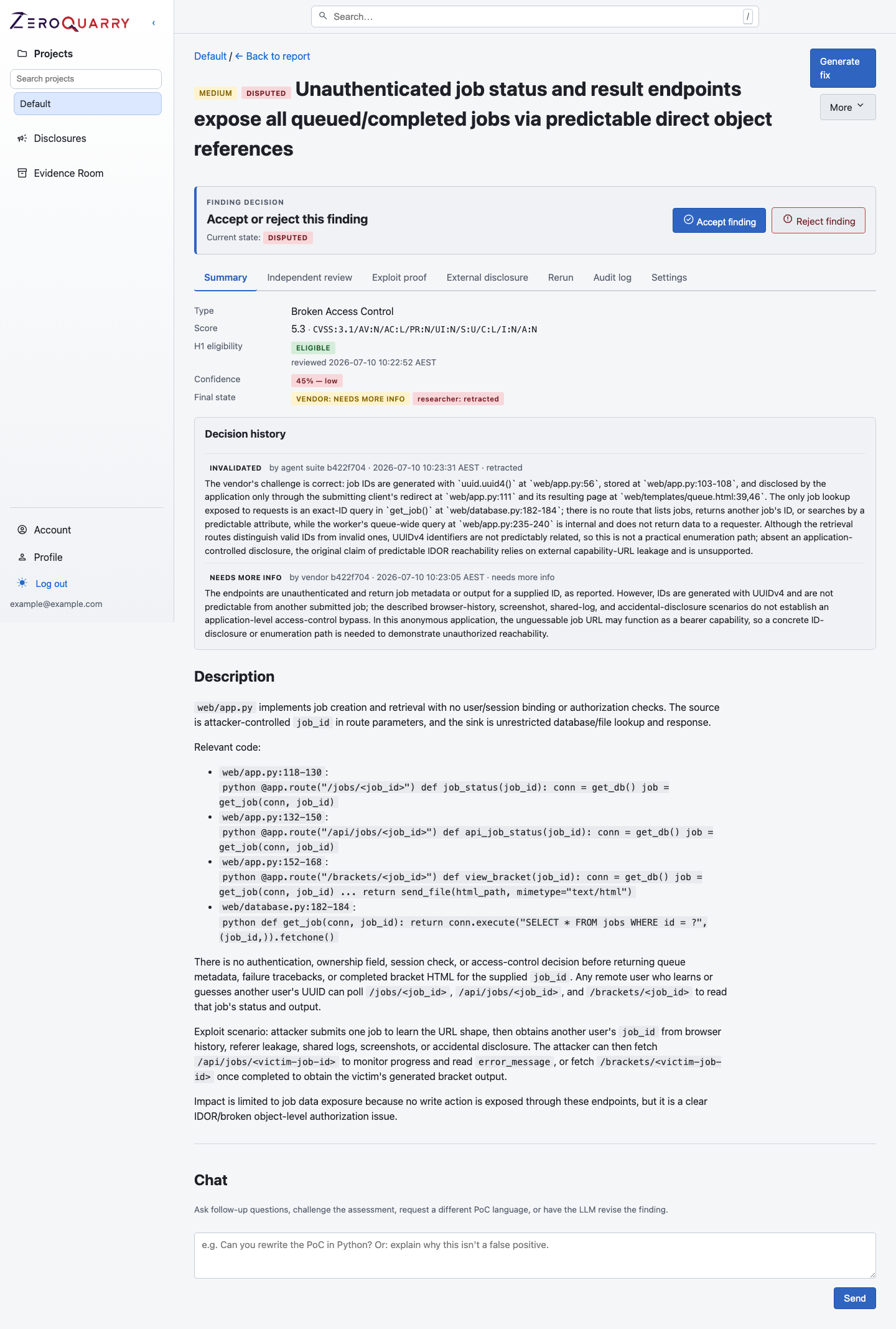 ZeroQuarry finding detail showing the current review state, evidence, and follow-up actions.
