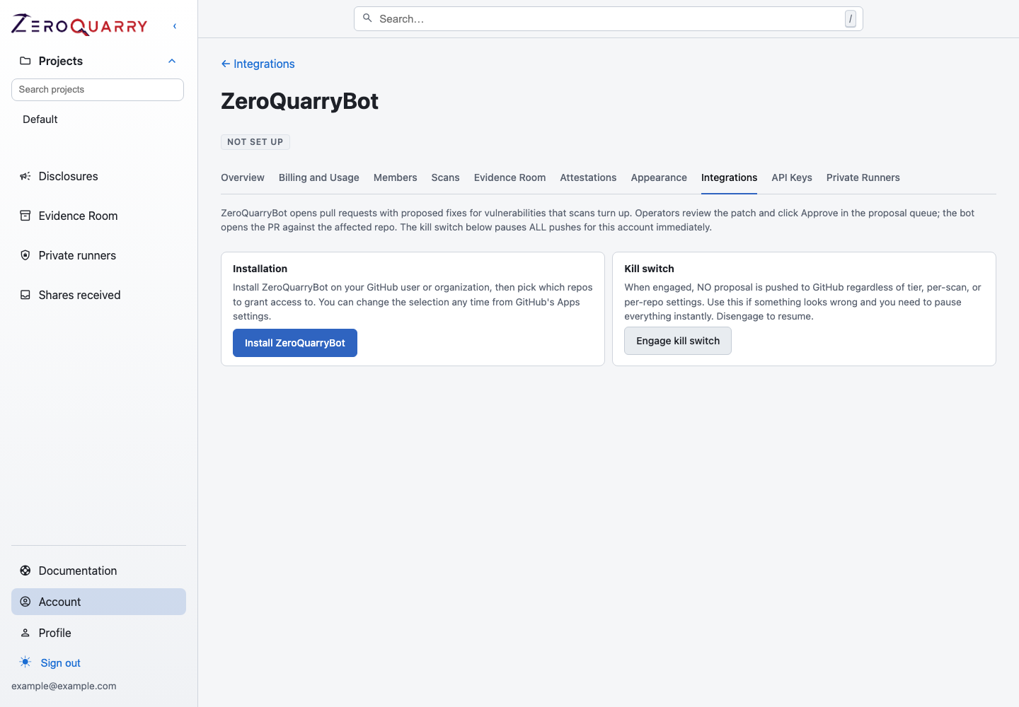 ZeroQuarryBot setup showing GitHub App installation and the account-wide kill switch.
