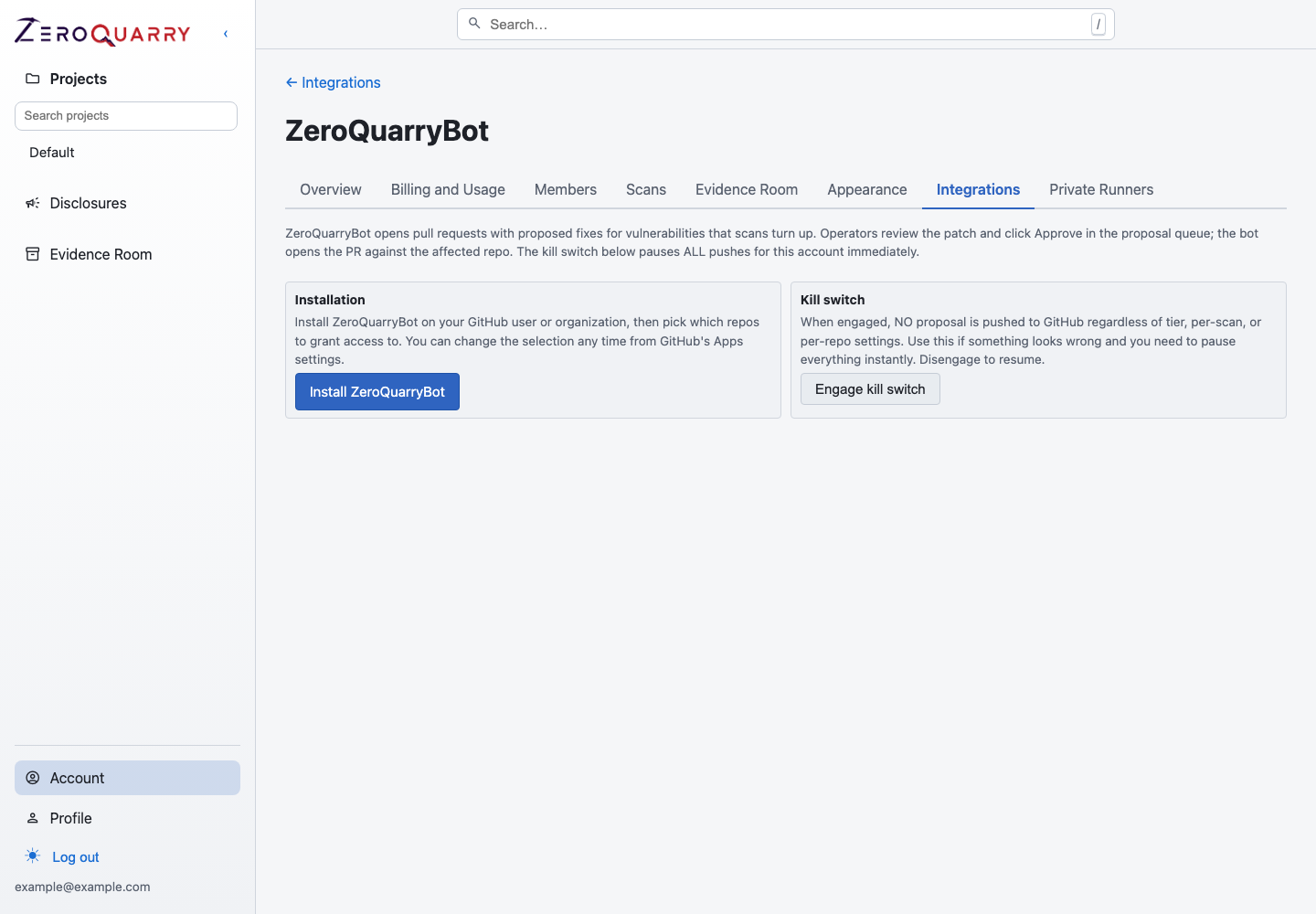 ZeroQuarryBot setup showing GitHub App installation and the account-wide kill switch.