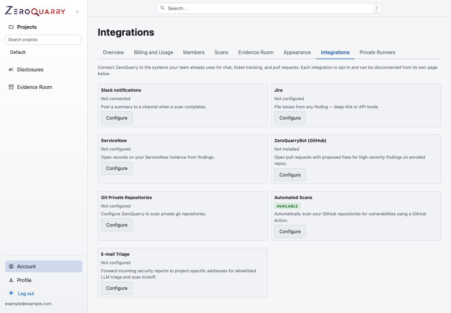 ZeroQuarry integration hub showing Jira, ServiceNow, GitHub, notifications, automation, and intake options.