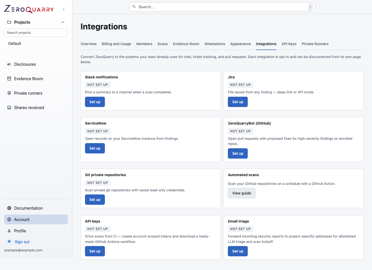 ZeroQuarry integration hub showing Jira, ServiceNow, GitHub, notifications, automation, and intake options.