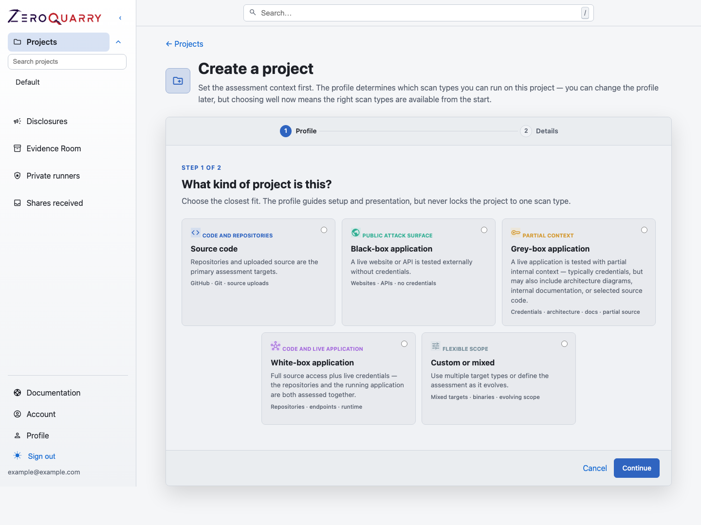 ZeroQuarry new-project wizard with Source, Black-box, Grey-box, White-box, and Custom profiles.