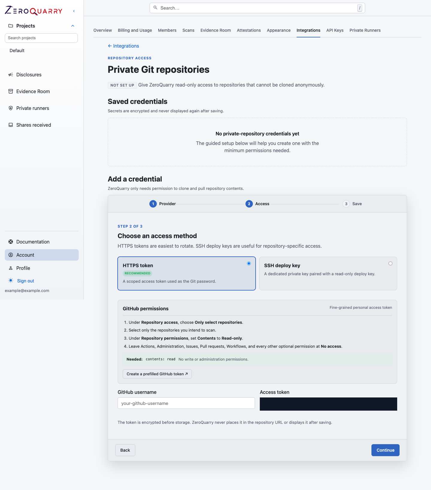 ZeroQuarry private repository access step with GitHub least-privilege token guidance.
