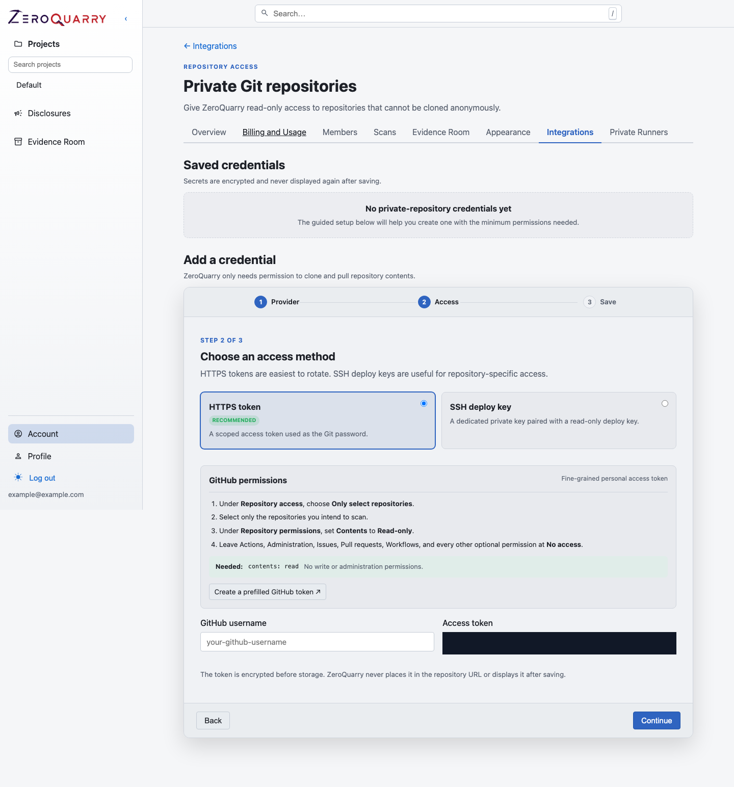 ZeroQuarry private repository access step with GitHub least-privilege token guidance.