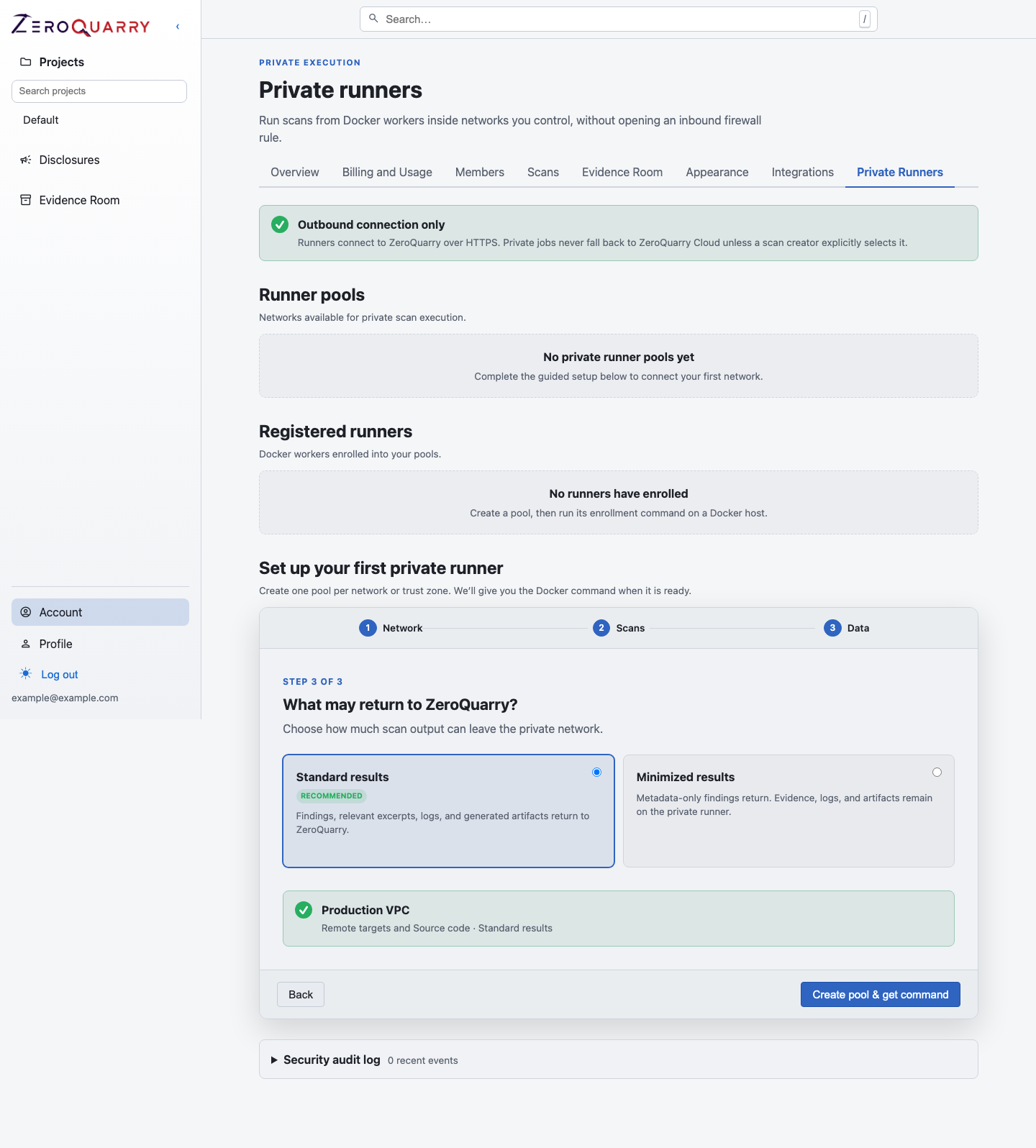 ZeroQuarry private runner data step with Standard and Minimized result policies.