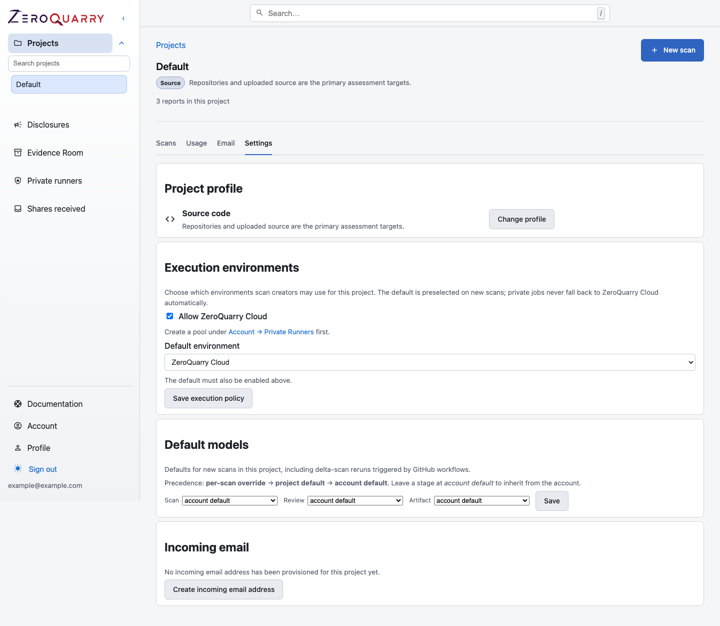 ZeroQuarry project settings for allowed and default execution environments.