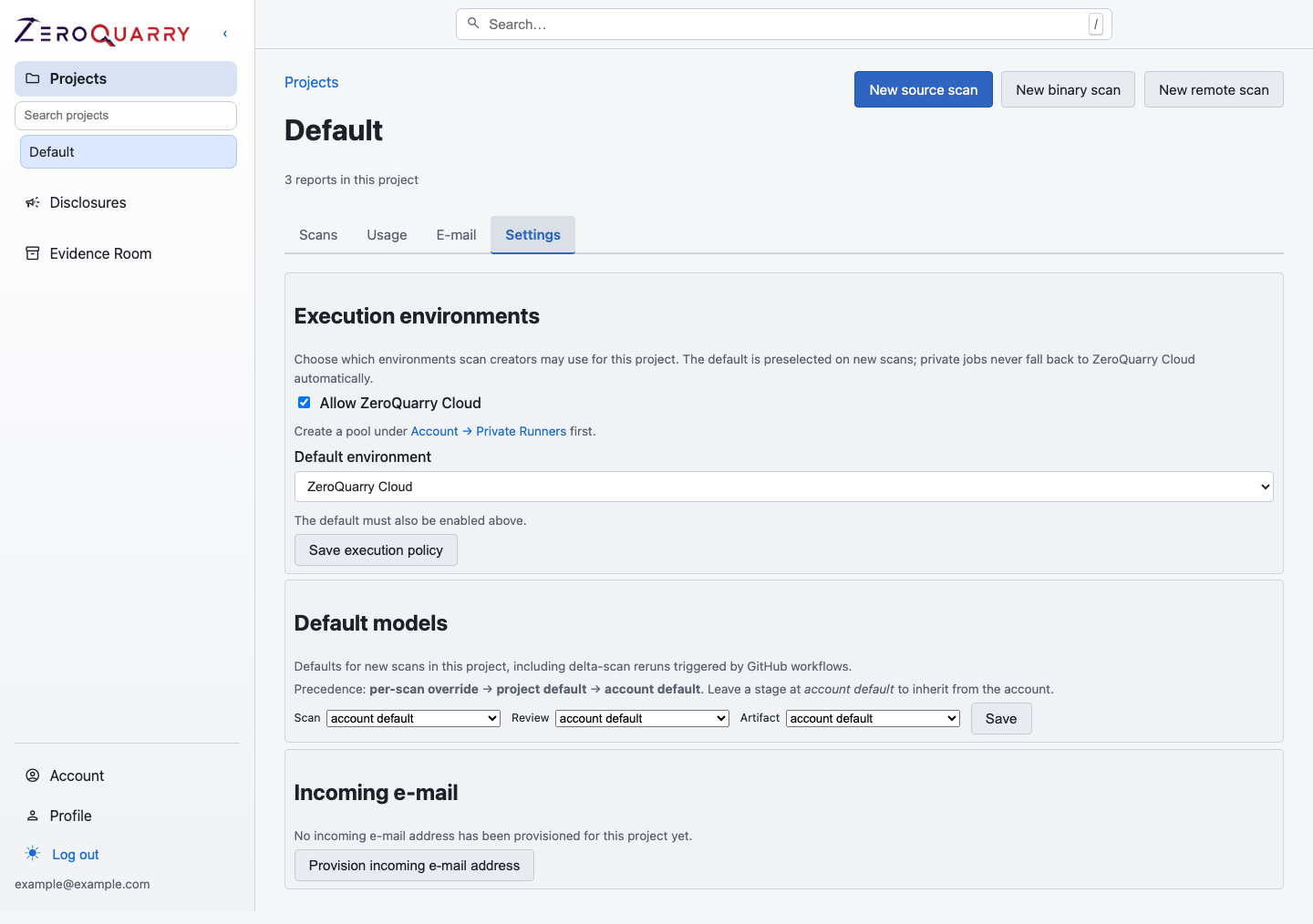 ZeroQuarry project settings for allowed and default execution environments.
