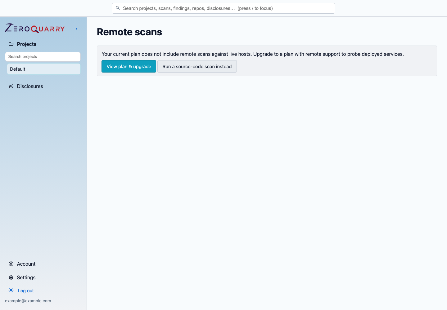 ZeroQuarry remote scan form with entry URL, scope hosts, and authentication controls.