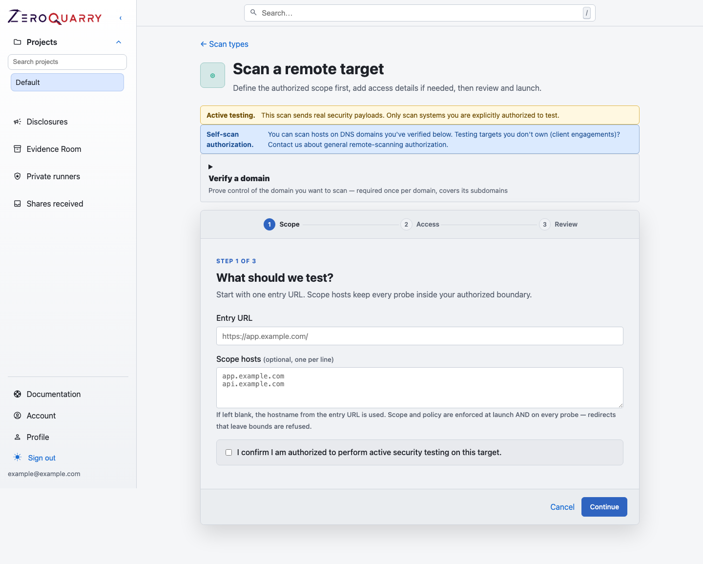 ZeroQuarry remote scan scope step with entry URL, scope hosts, and authorization confirmation.