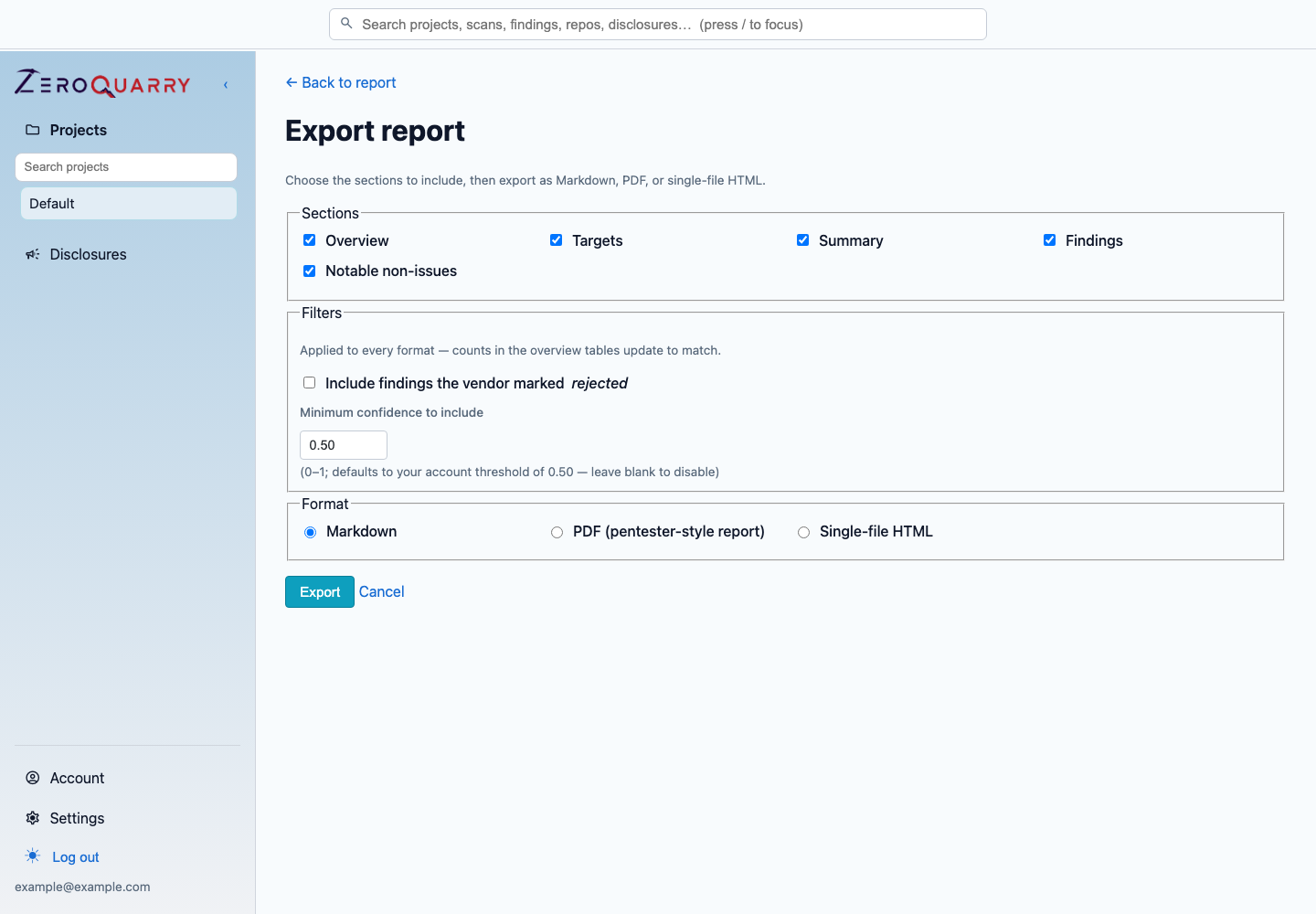 ZeroQuarry report export view with format and filter controls.