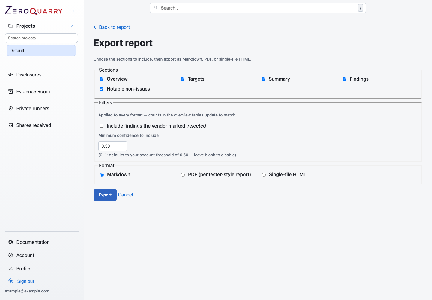 ZeroQuarry report export view with format and filter controls.