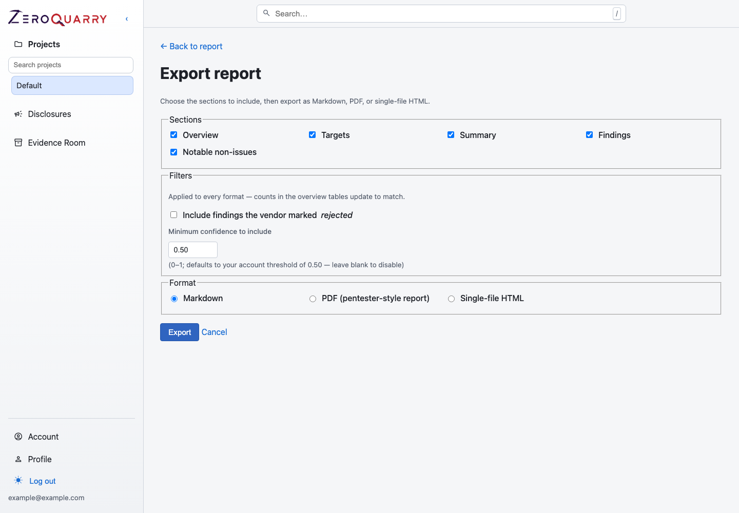 ZeroQuarry report export view with format and filter controls.