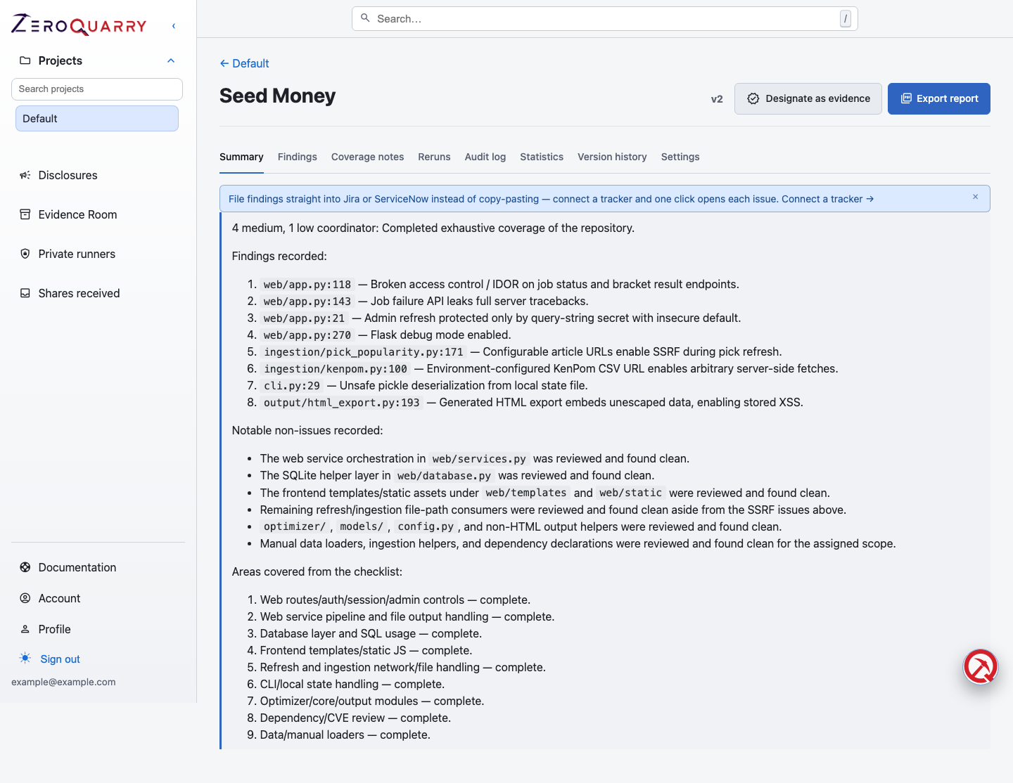 ZeroQuarry report overview with findings and review controls.