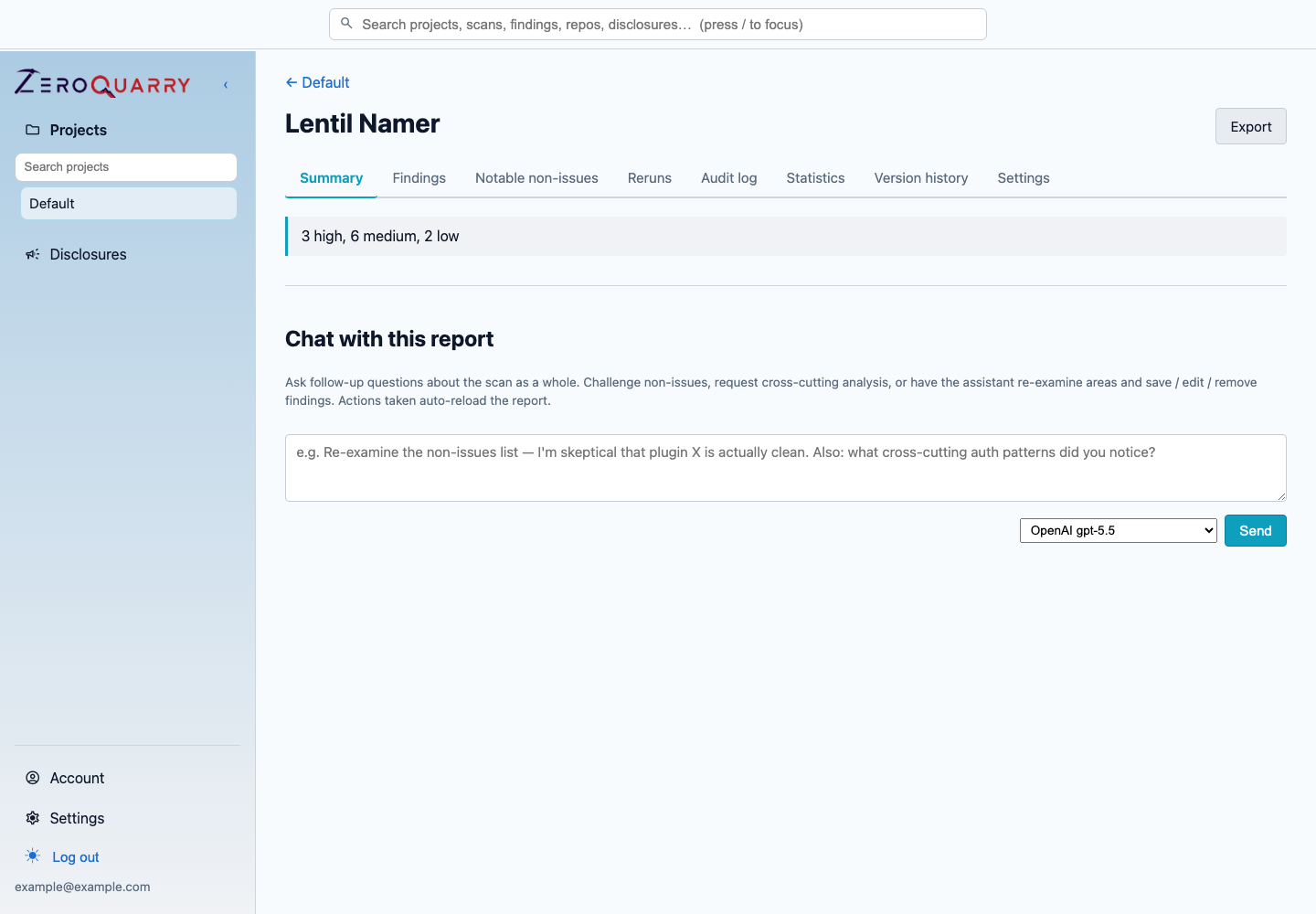 ZeroQuarry report overview with findings and review controls.