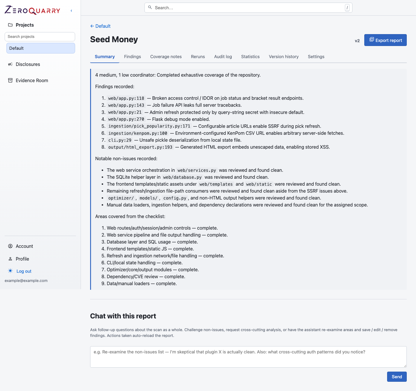ZeroQuarry report overview with findings and review controls.