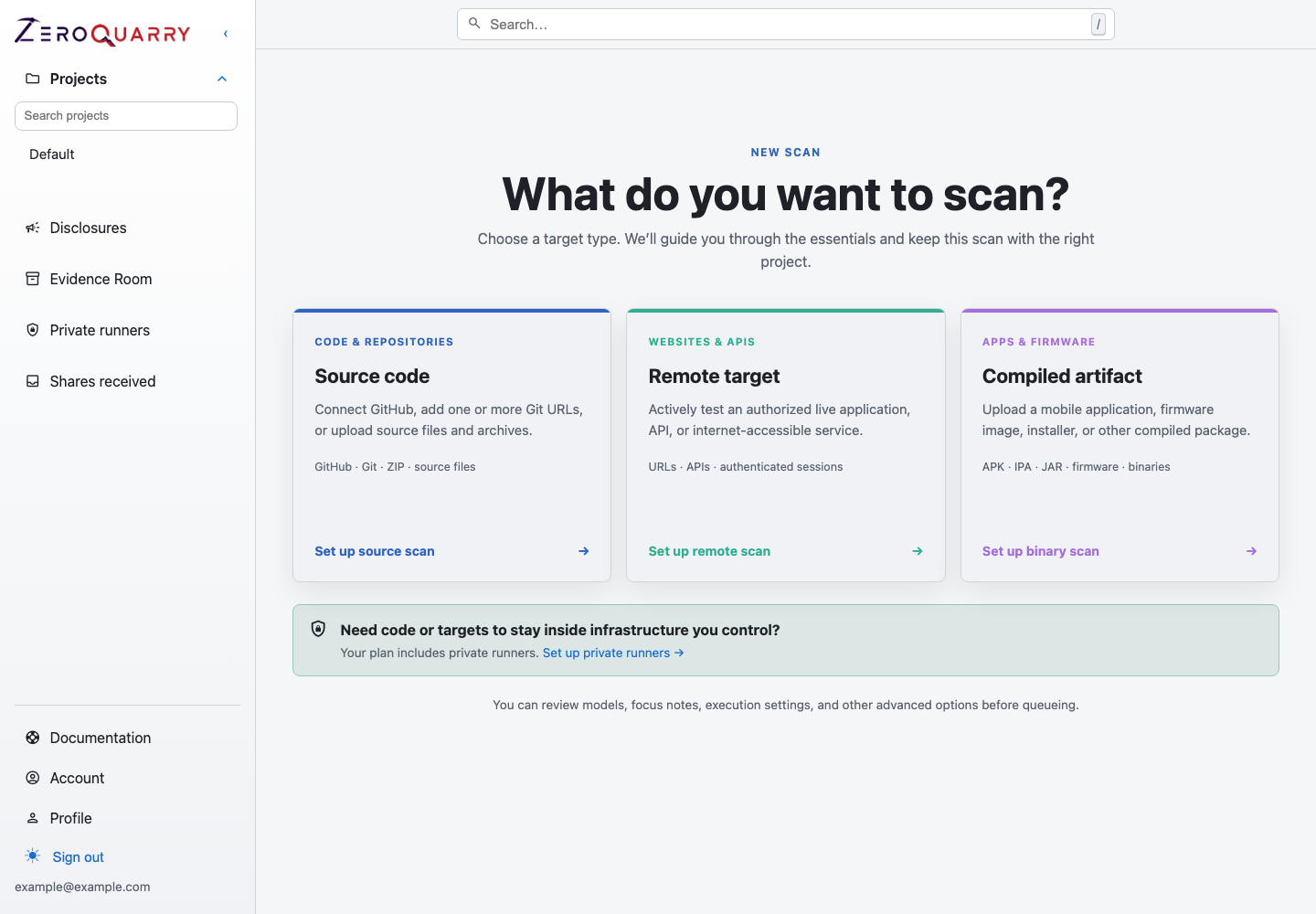 ZeroQuarry scan mode picker for source, binary, and remote assessments.