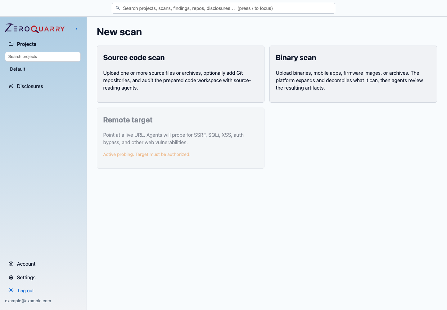 ZeroQuarry scan mode picker for source, binary, and remote assessments.