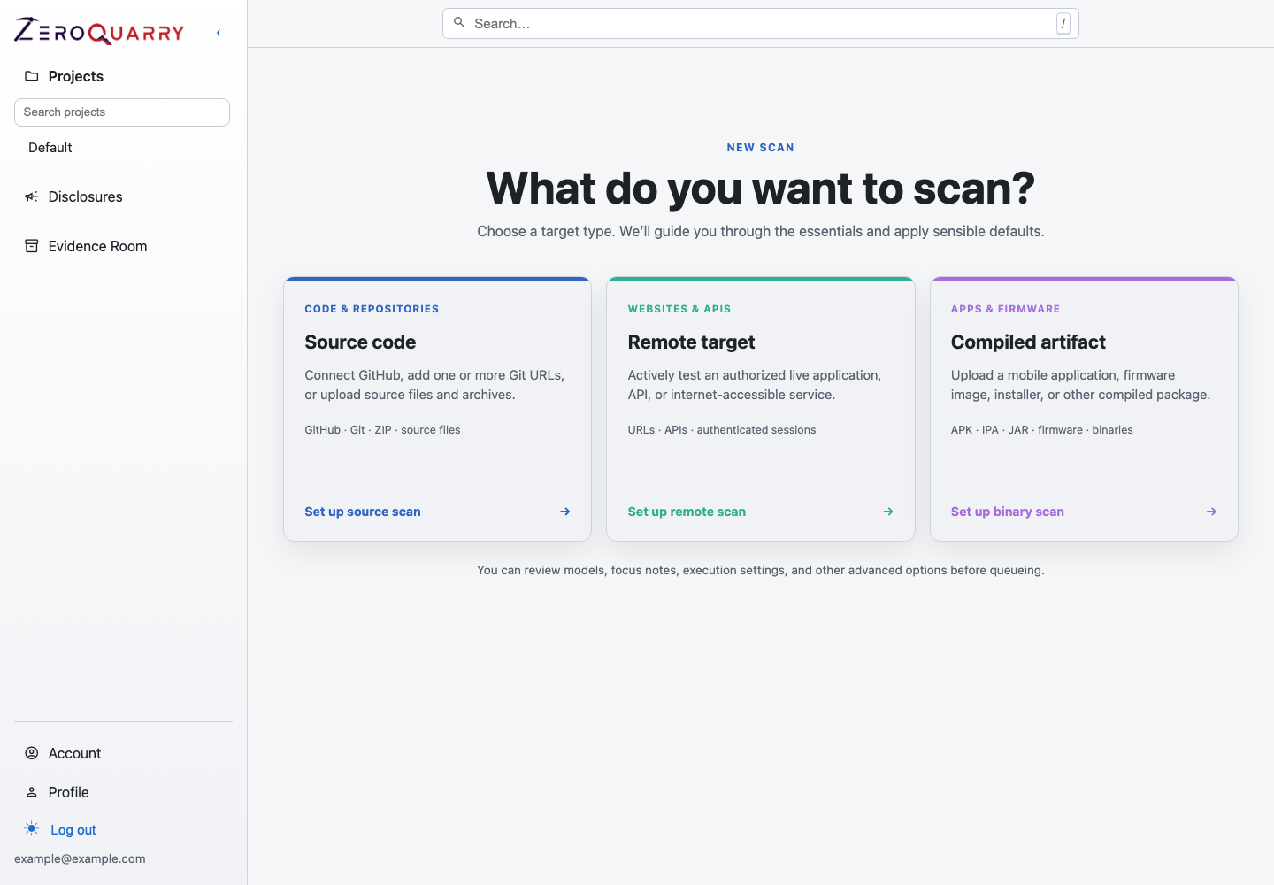 ZeroQuarry scan mode picker for source, binary, and remote assessments.
