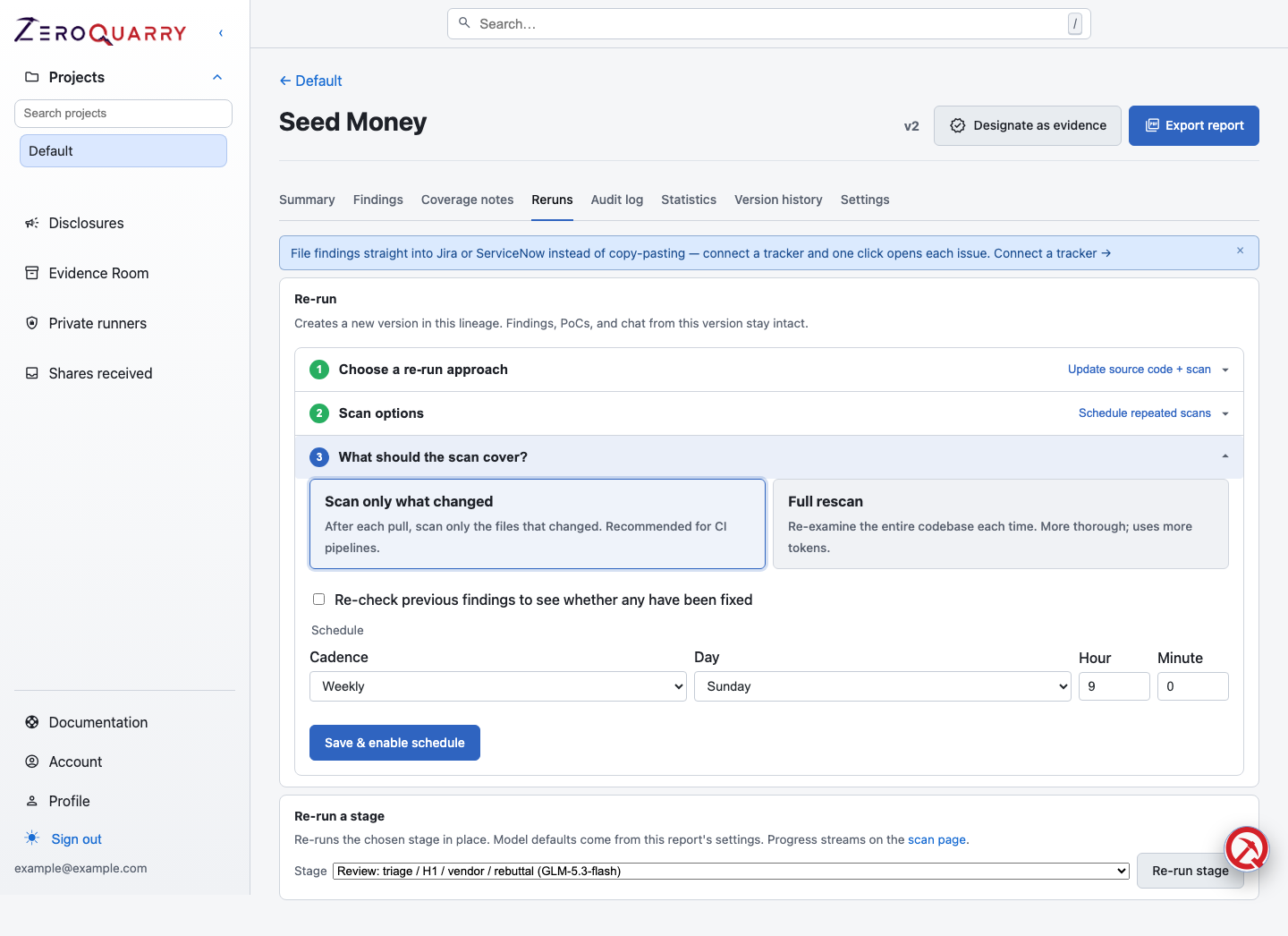 ZeroQuarry report reruns tab with re-run approach, coverage choice, and weekly schedule controls.