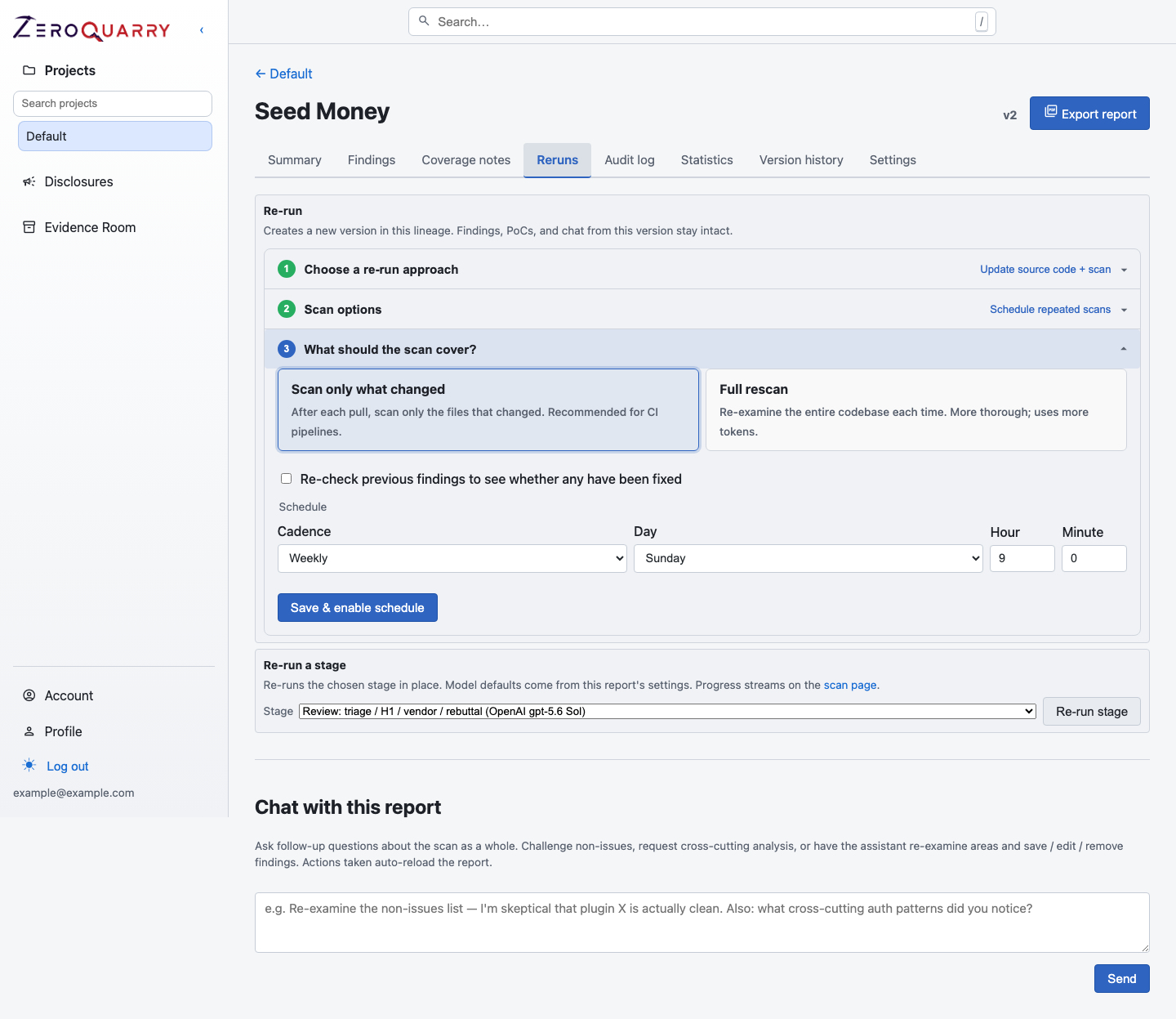 ZeroQuarry report re-run workflow with changed-code coverage and weekly schedule controls.