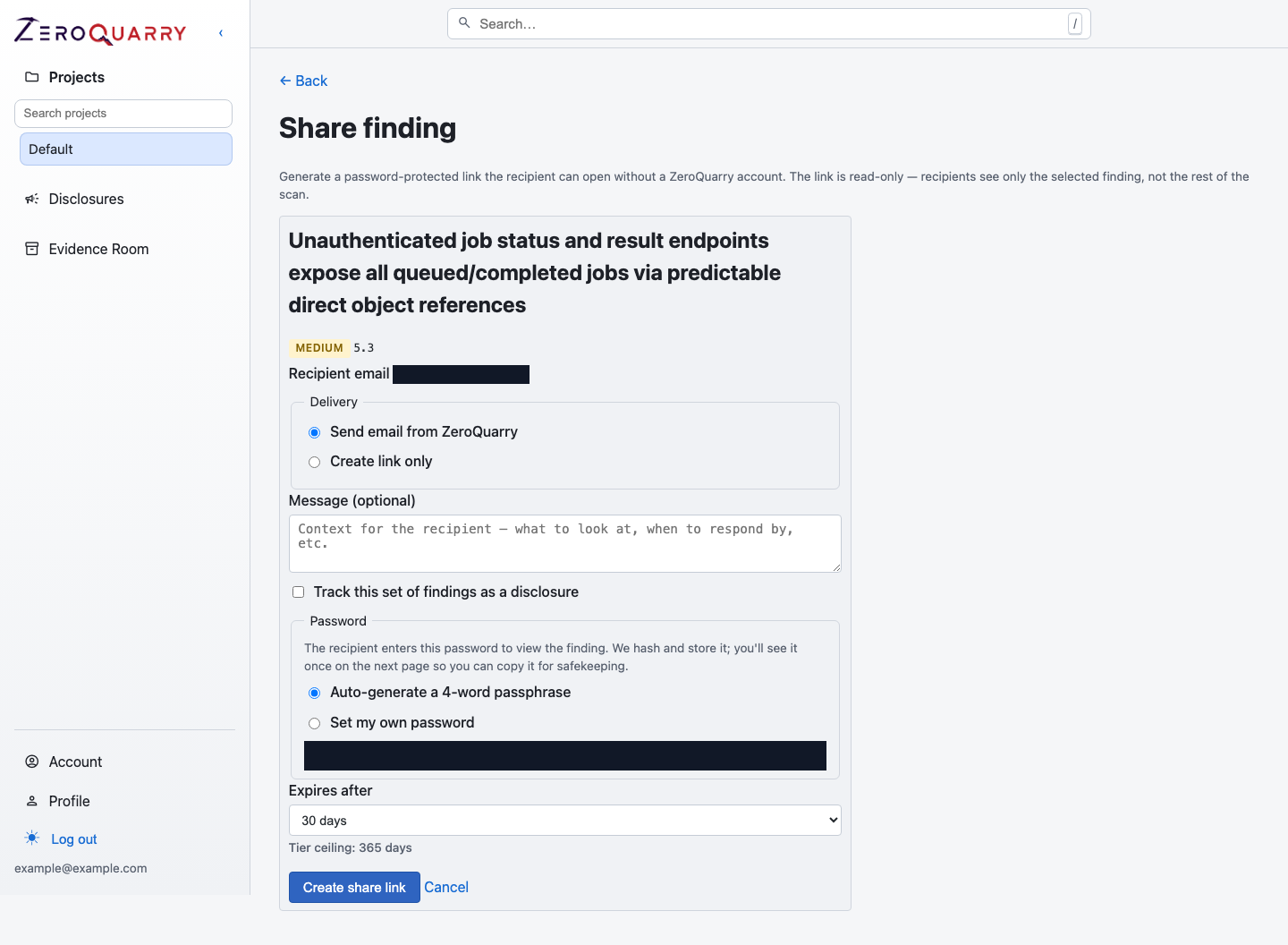 ZeroQuarry secure-share form with recipient, delivery, password, disclosure, and expiry controls.