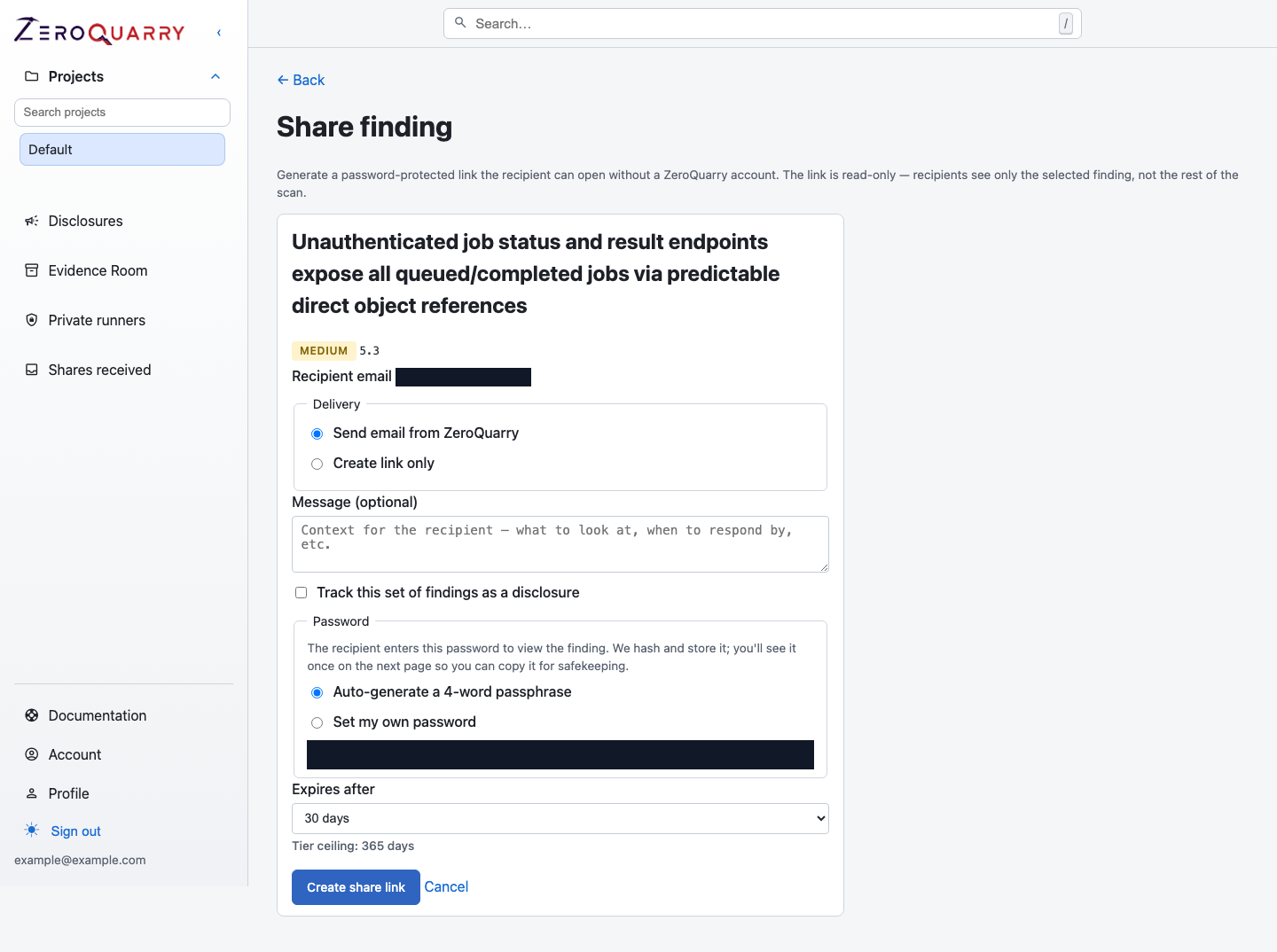 ZeroQuarry secure-share form with recipient, delivery, password, disclosure, and expiry controls.
