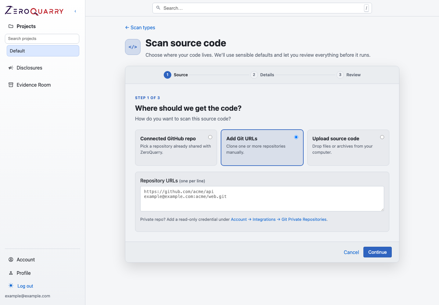 ZeroQuarry source scan form for repositories and uploaded archives.