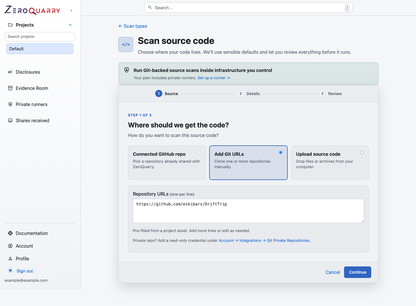 ZeroQuarry source scan form for repositories and uploaded archives.