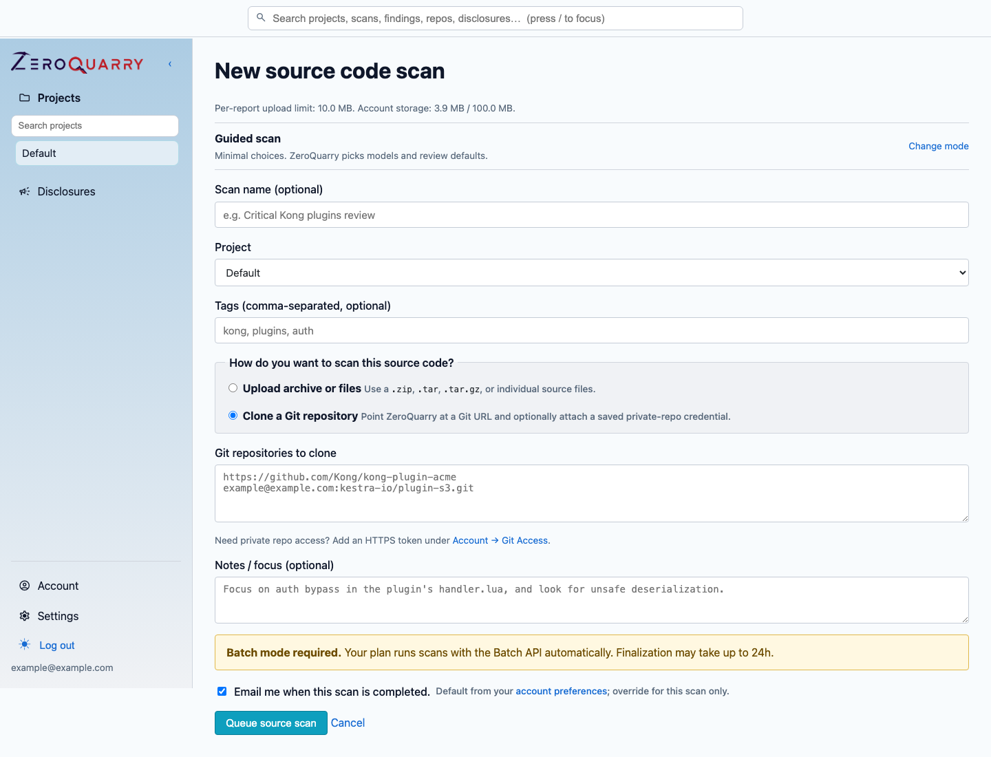ZeroQuarry source scan form for repositories and uploaded archives.