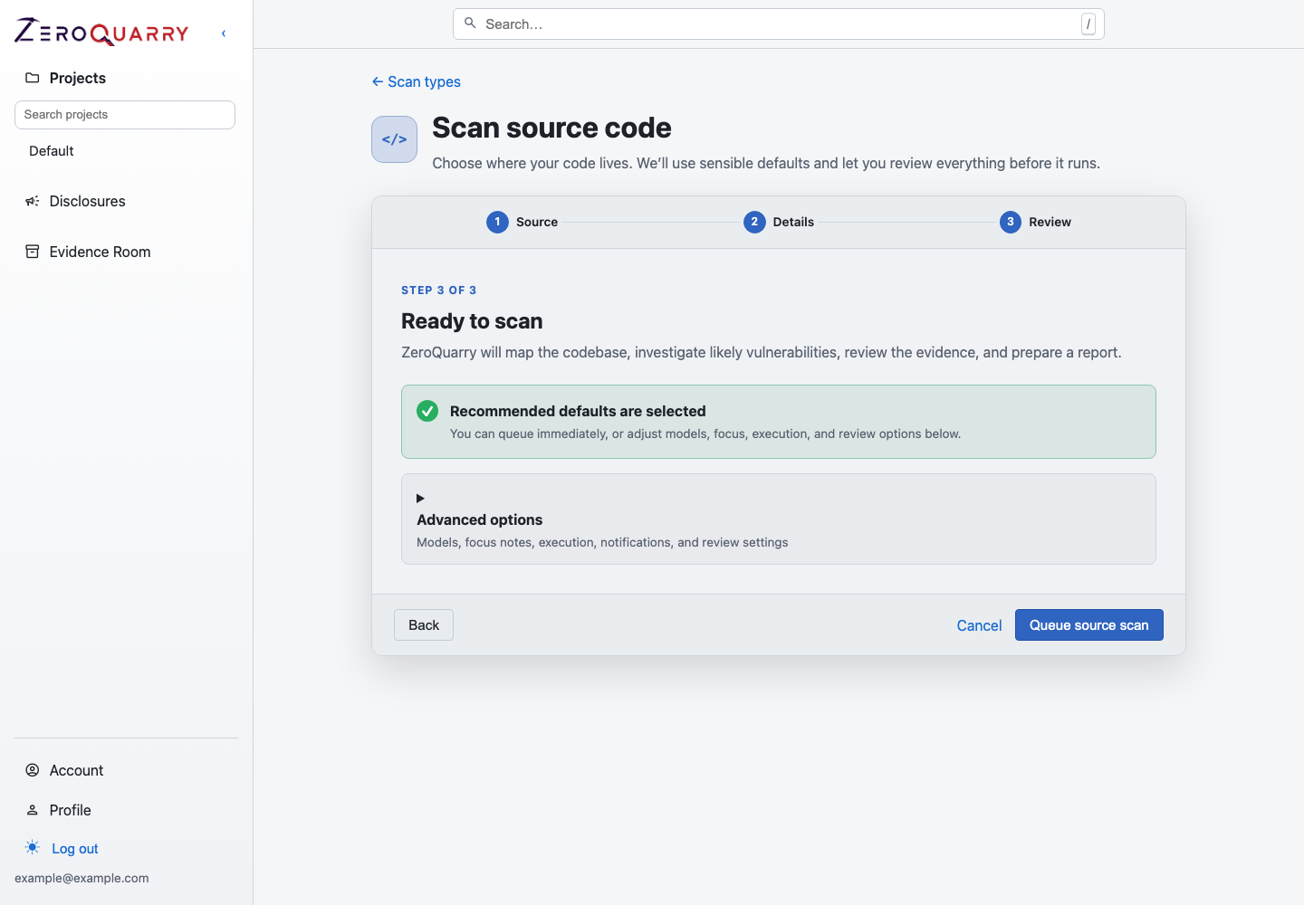 ZeroQuarry source scan review step with recommended defaults and expandable advanced settings.