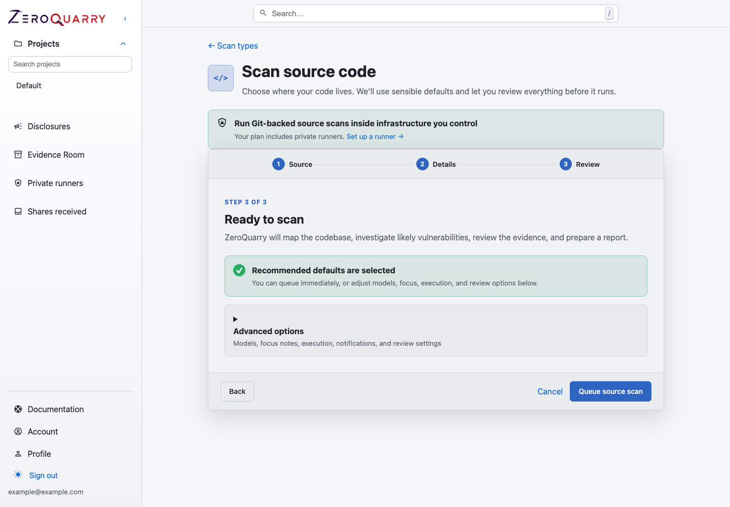 ZeroQuarry source scan review step with recommended defaults and expandable advanced settings.